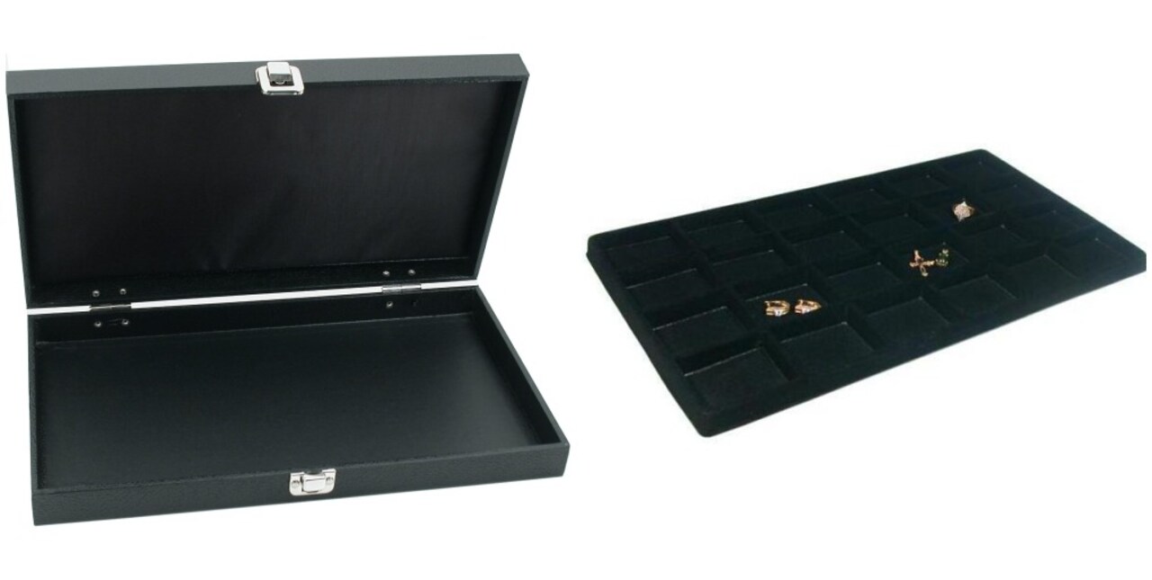 Black Jewelry Display Case (Single metal clasp) w/ Black 24-slot Plastic Tray